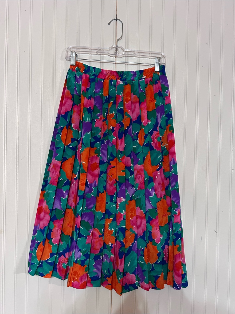 Leslie Fay Vibrant Floral Pleated Midi Skirt - Teal, Pink & Orange